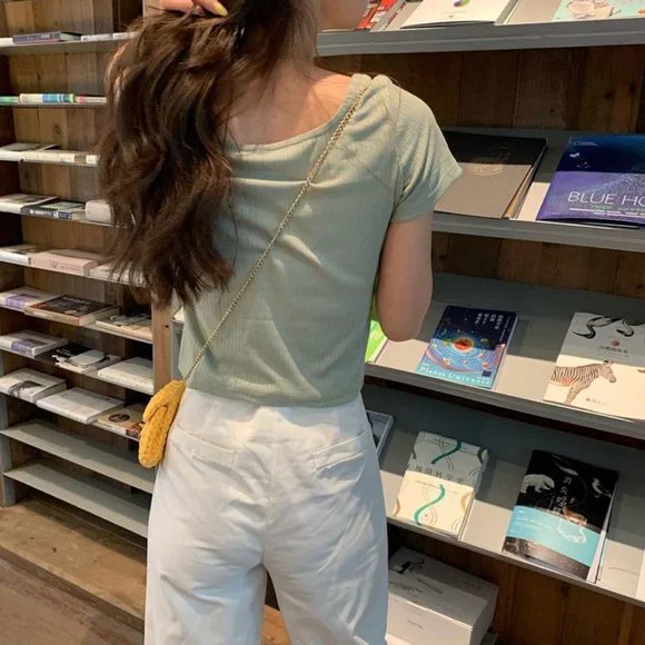 Square-Neck Short-Sleeve Buttoned Ribbed Top - Picture 2 of 4